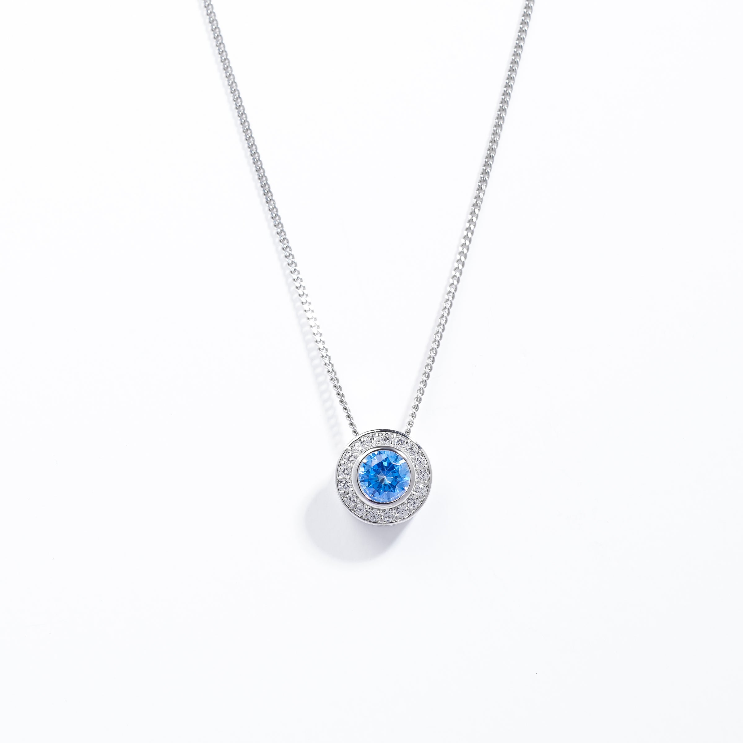 Sterling Silver Bezel Blue Zirconia Halo Slider Pendant