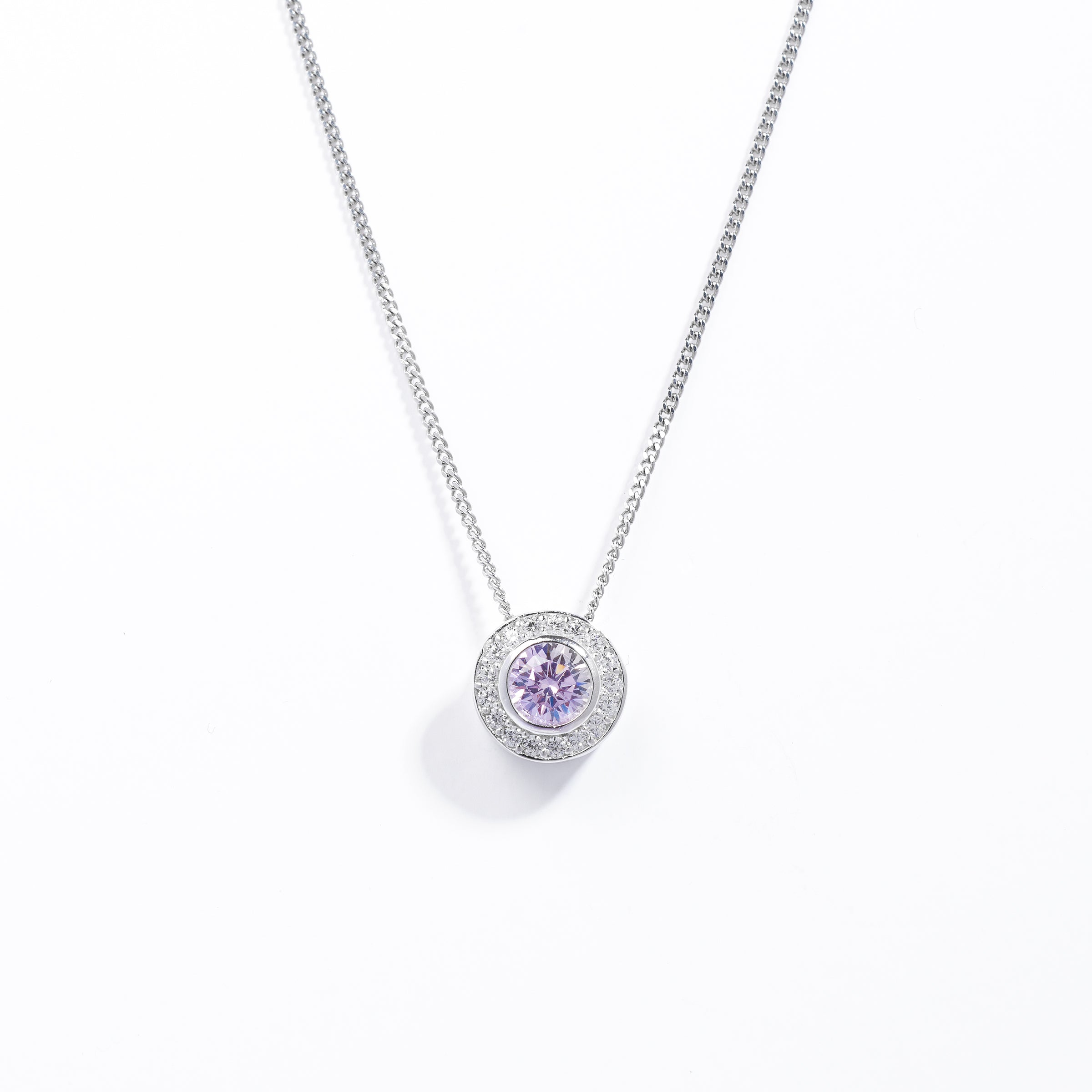 Sterling Silver Bezel Pink Zirconia Halo Slider Pendant