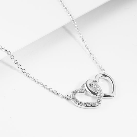 Sterling Silver Zirconia Double Linked Heart Necklace