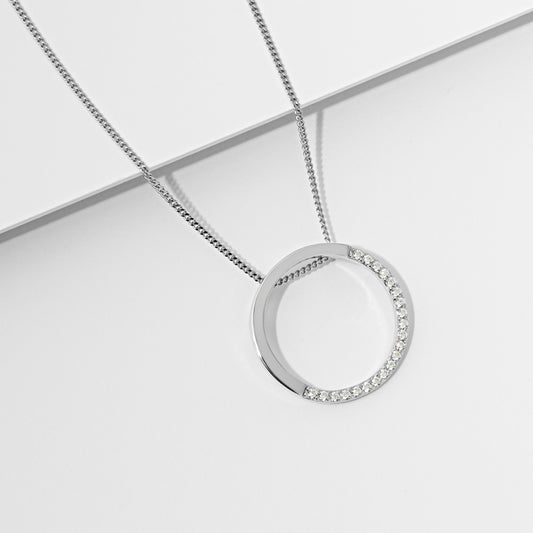 Sterling Silver Circle Half Set Zirconia Pendant