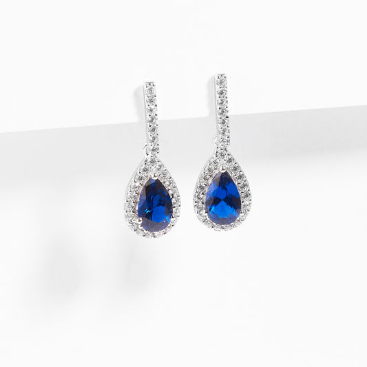 Sterling Silver Blue Pear Zirconia Halo Earrings
