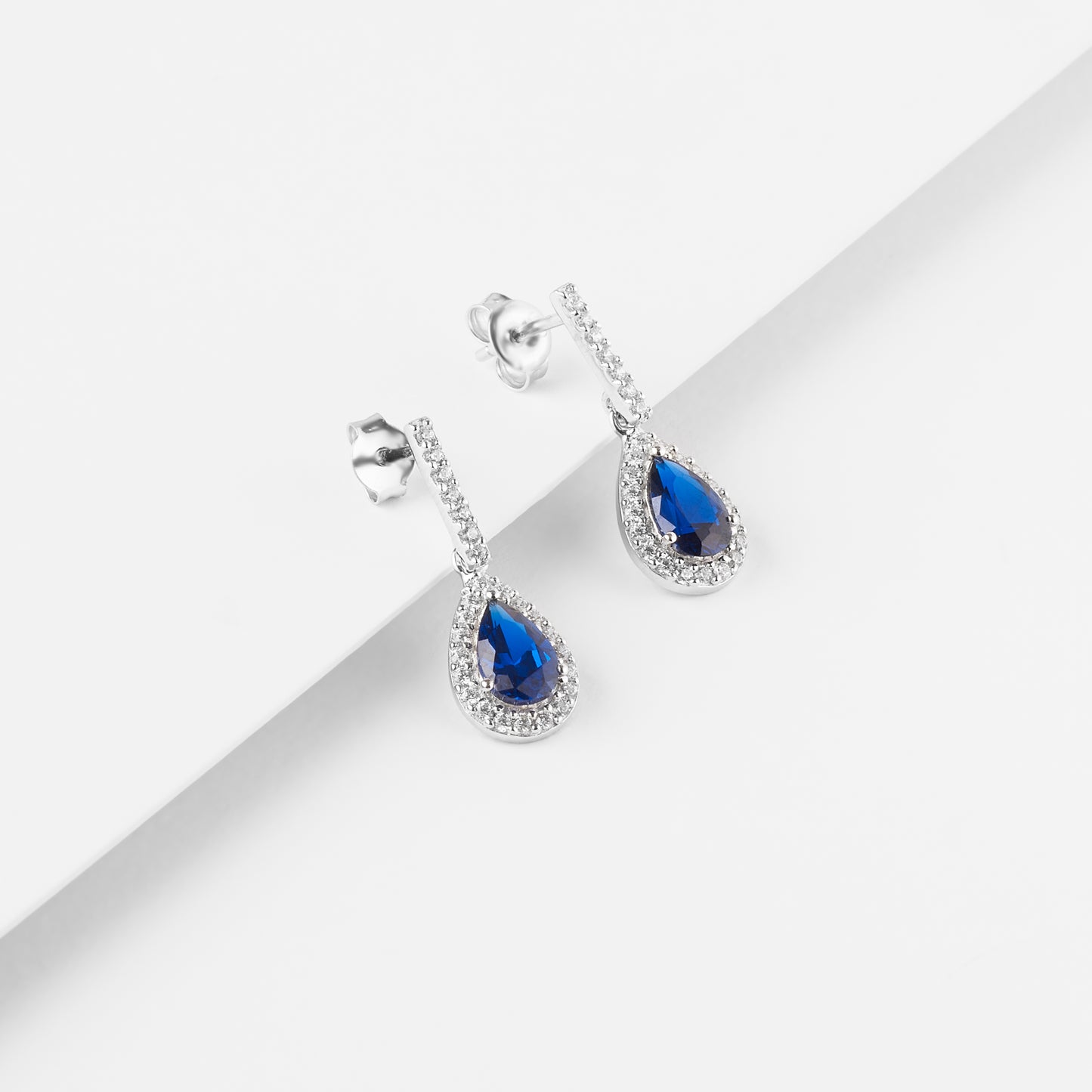 Sterling Silver Blue Pear Zirconia Halo Earrings