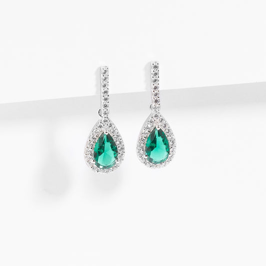 Sterling Silver Green Pear Zirconia Halo Earrings