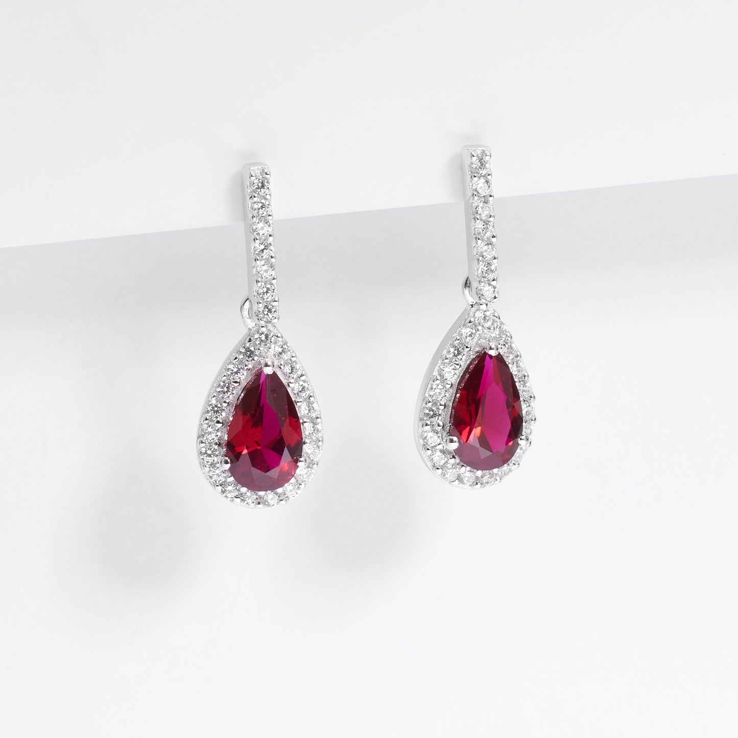 Sterling Silver Red Pear Zirconia Halo Earrings