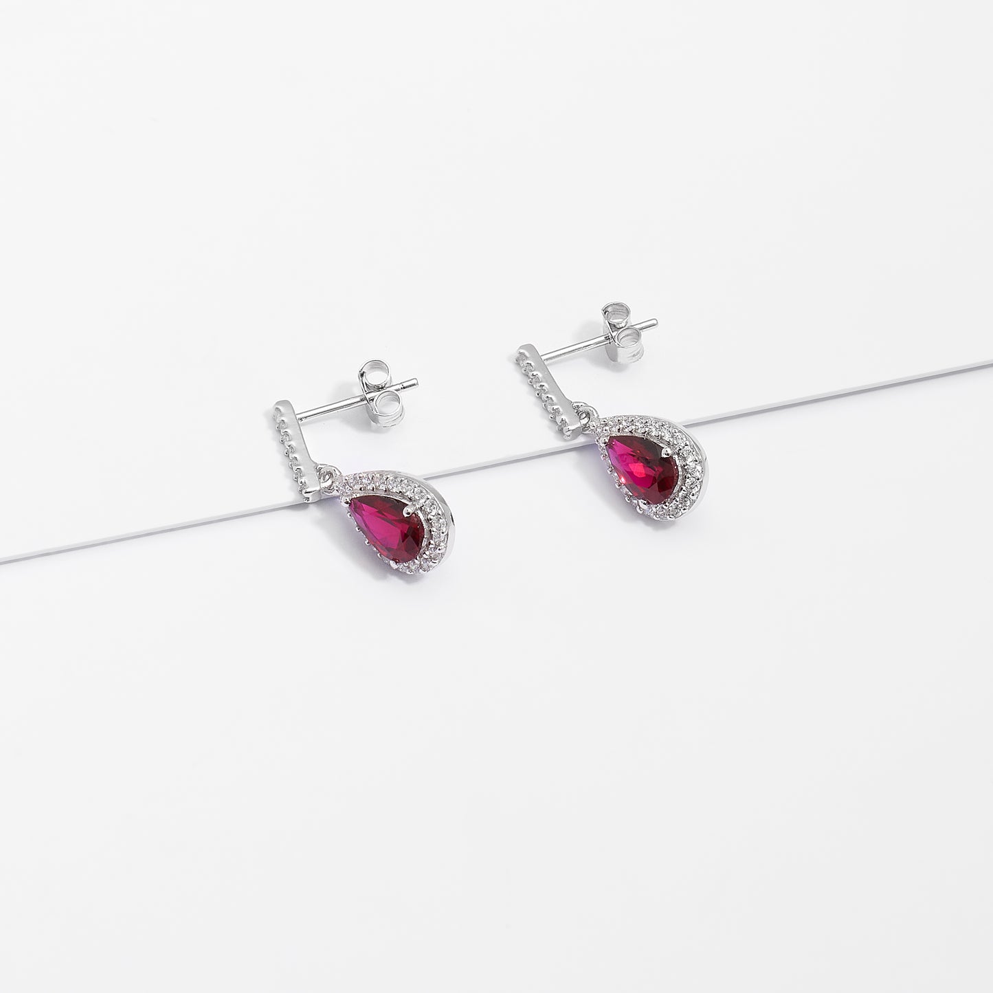 Sterling Silver Red Pear Zirconia Halo Earrings