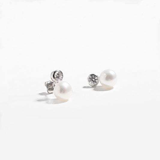 Sterling Silver Pearl With Bezel Zirconia Stud Earrings