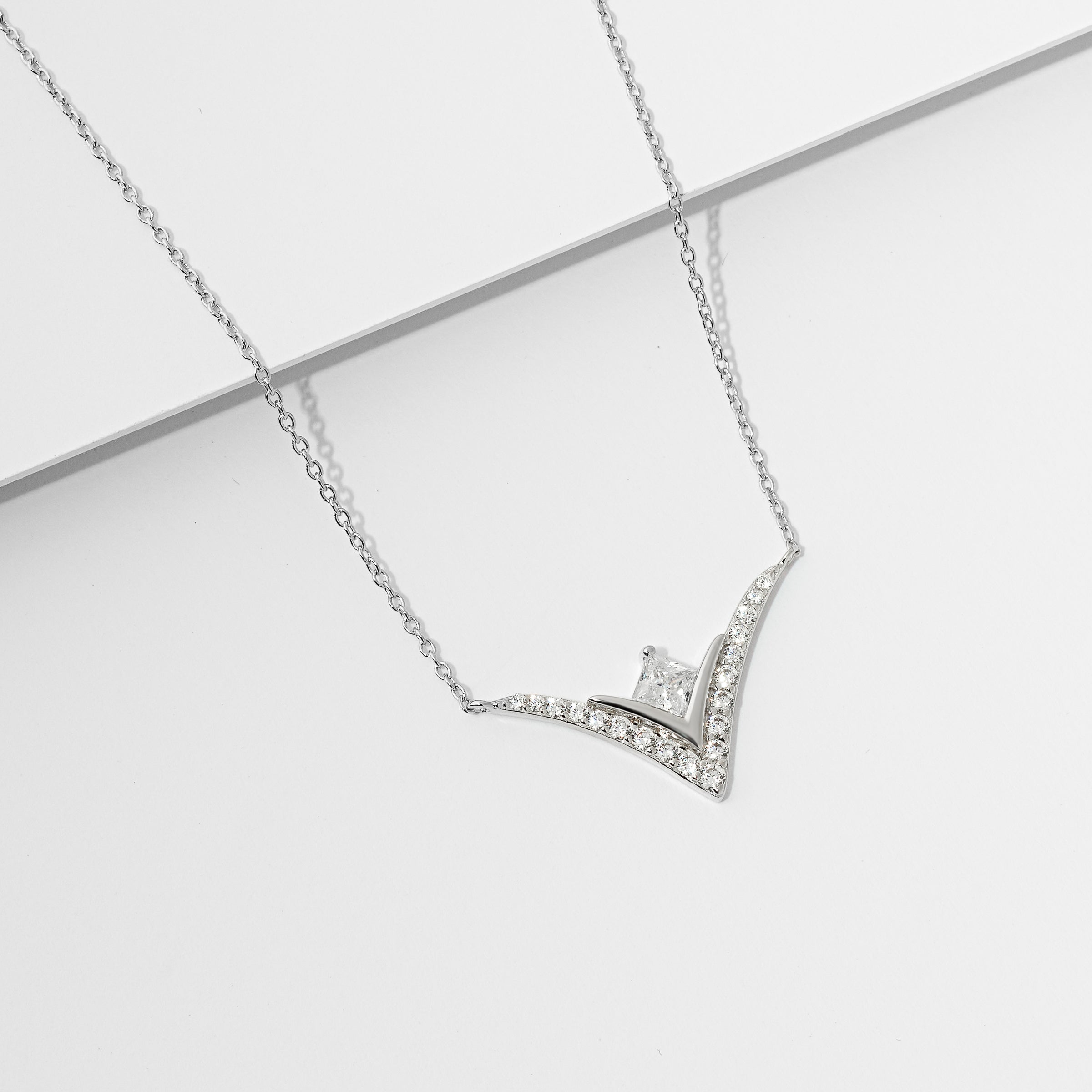 Sterling Silver V Shaped Zirconia Necklace