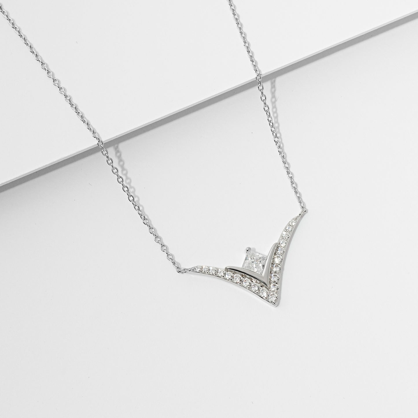 Sterling Silver V Shaped Zirconia Necklace