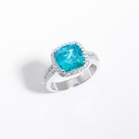 Sterling Silver Aqua Zirconia Cushion Split Shank Ring