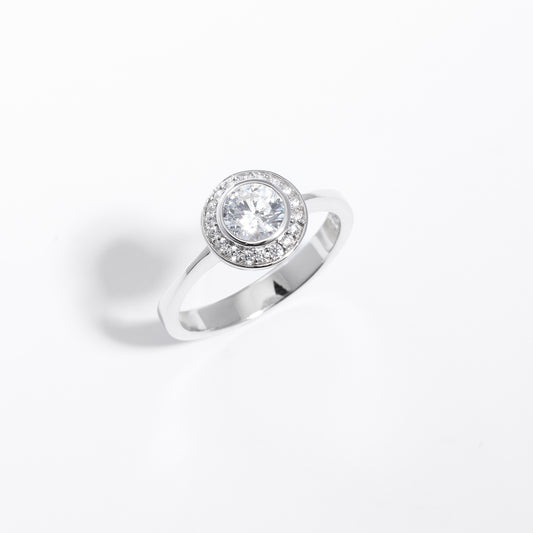 Sterling Silver Zirconia Round Bezel Halo Ring