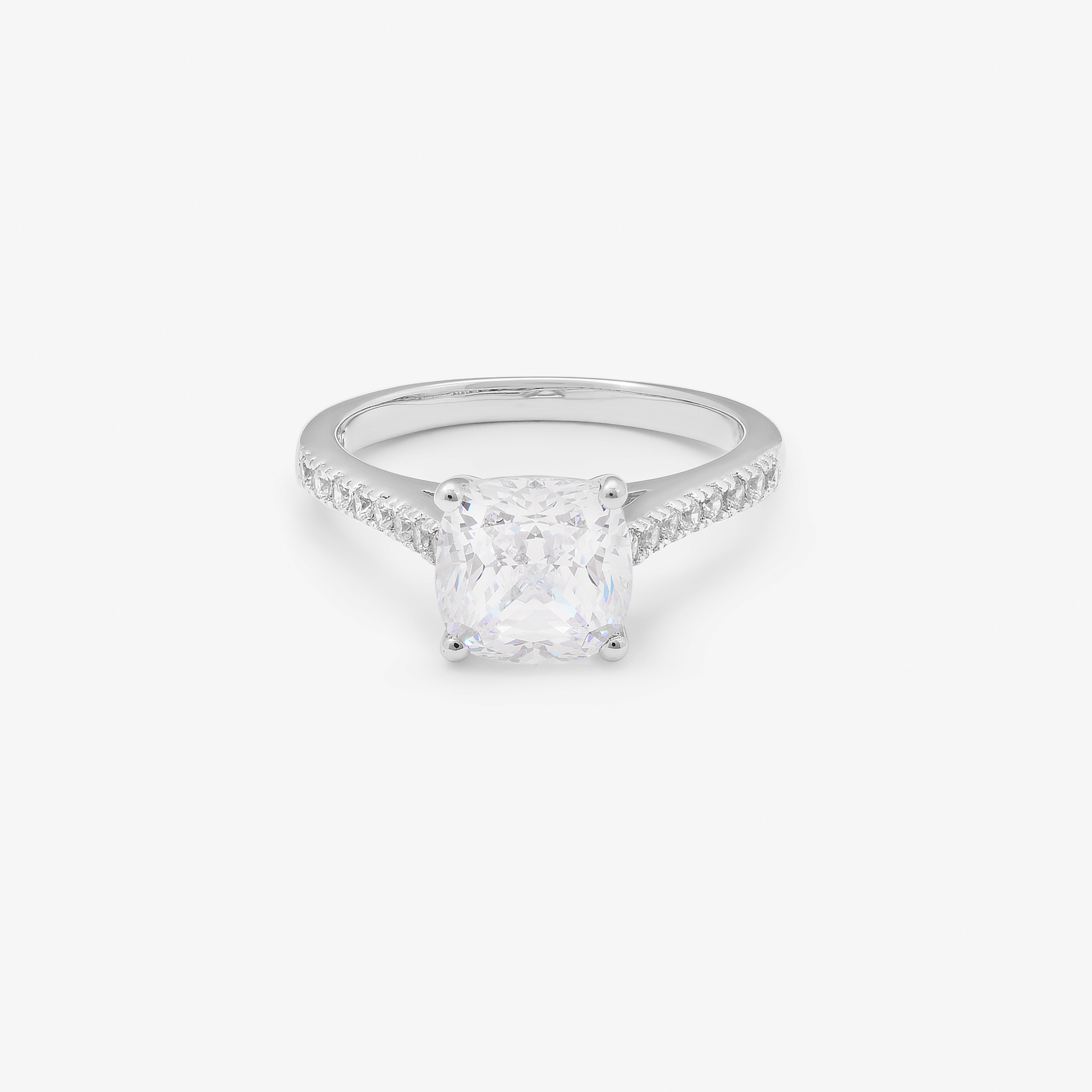 Sterling Silver Zirconia Cushion Solitaire And Shoulders Ring