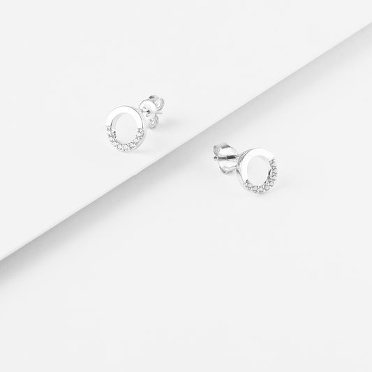 Sterling Silver Circle Half Zirconia Stud Earrings