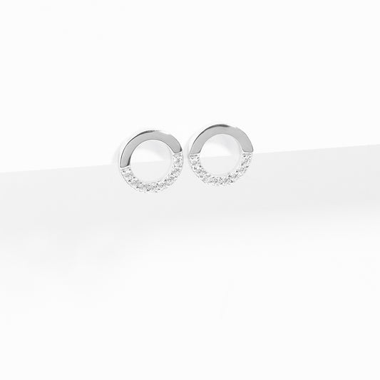 Sterling Silver Circle Half Zirconia Stud Earrings