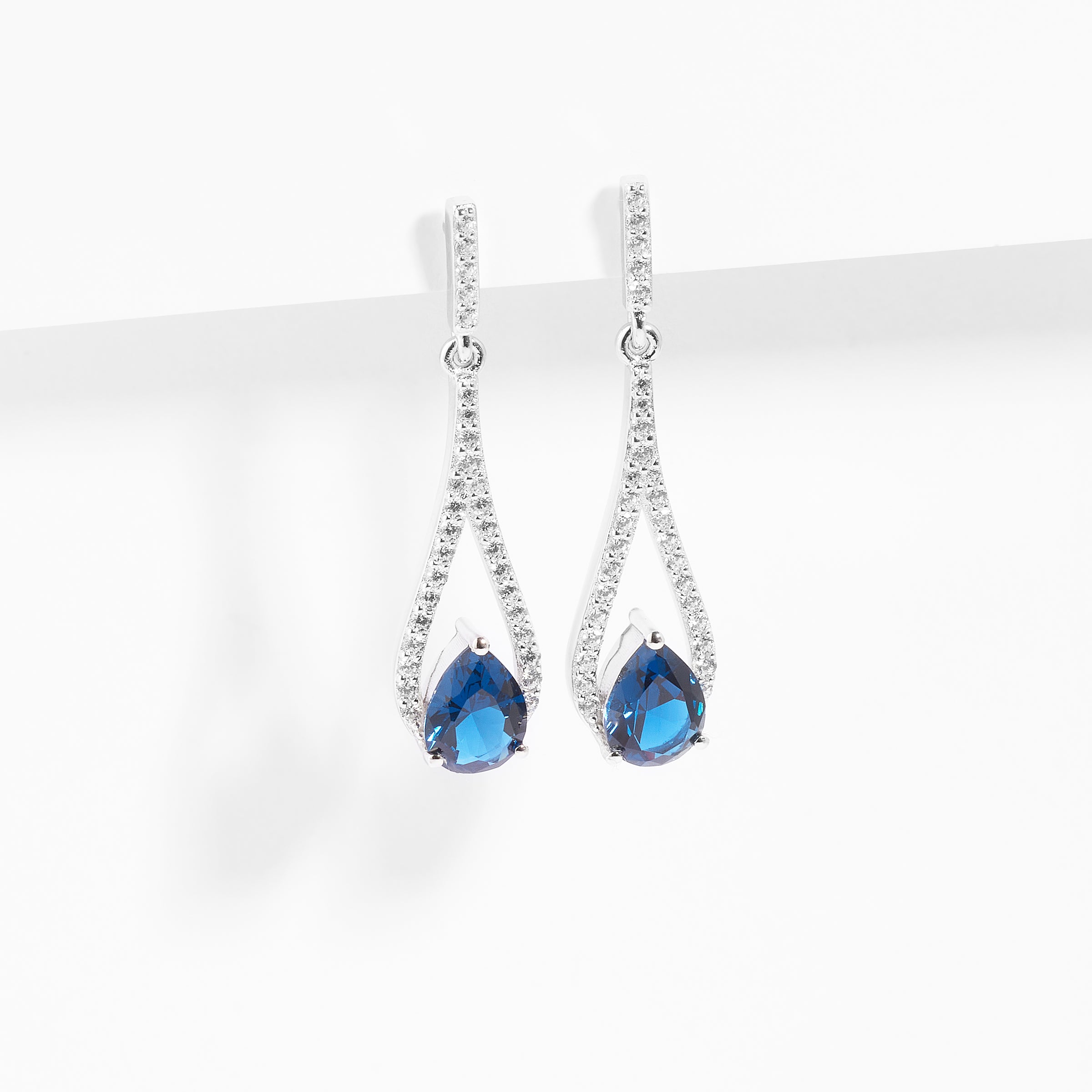 Sterling Silver Zirconia London Blue Pear And White Halo Drop Stud Earrings 35mm