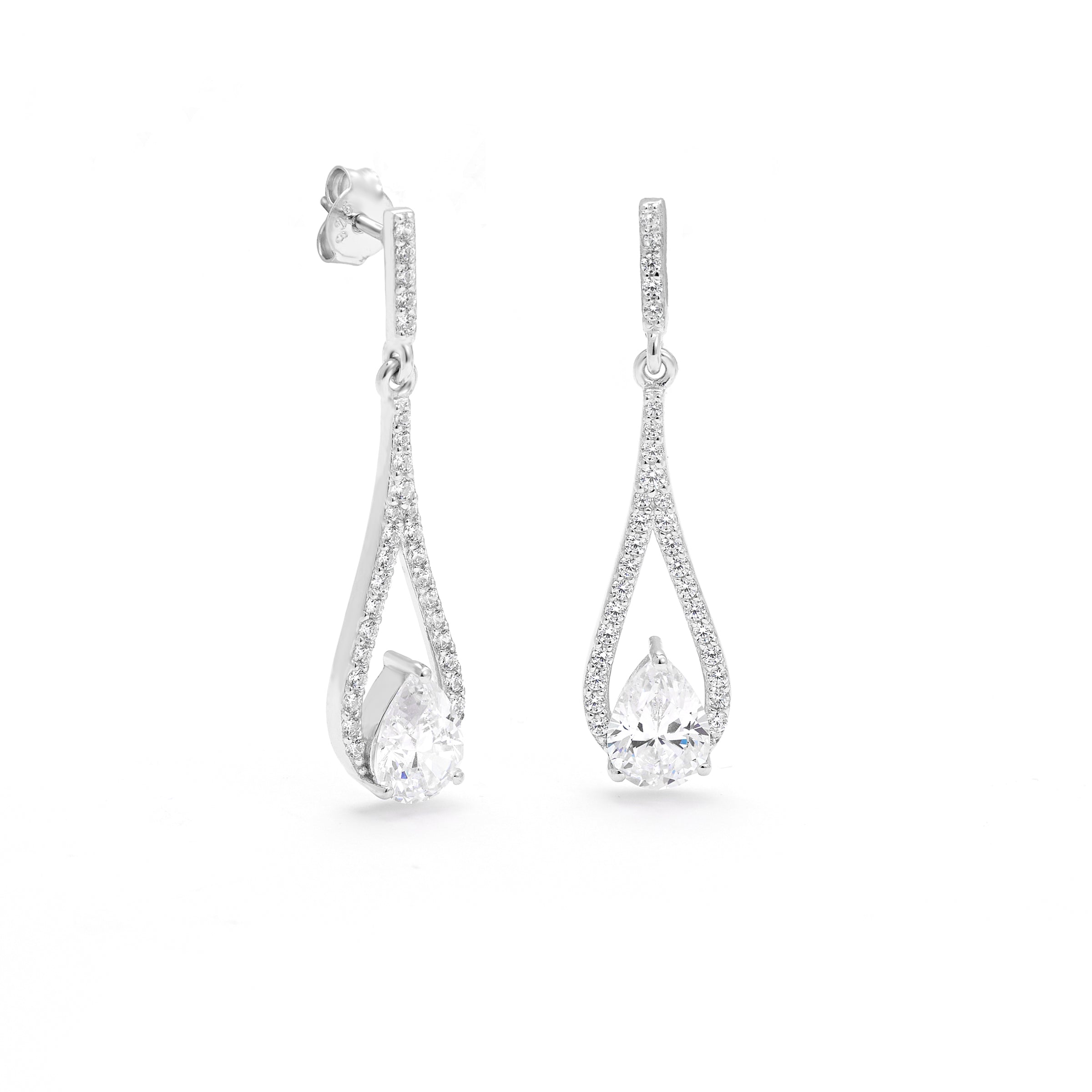 Sterling Silver Zirconia Pear Halo Drop Stud Earrings 35mm