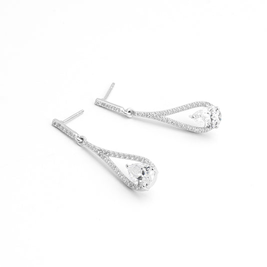 Sterling Silver Zirconia Pear Halo Drop Stud Earrings 35mm