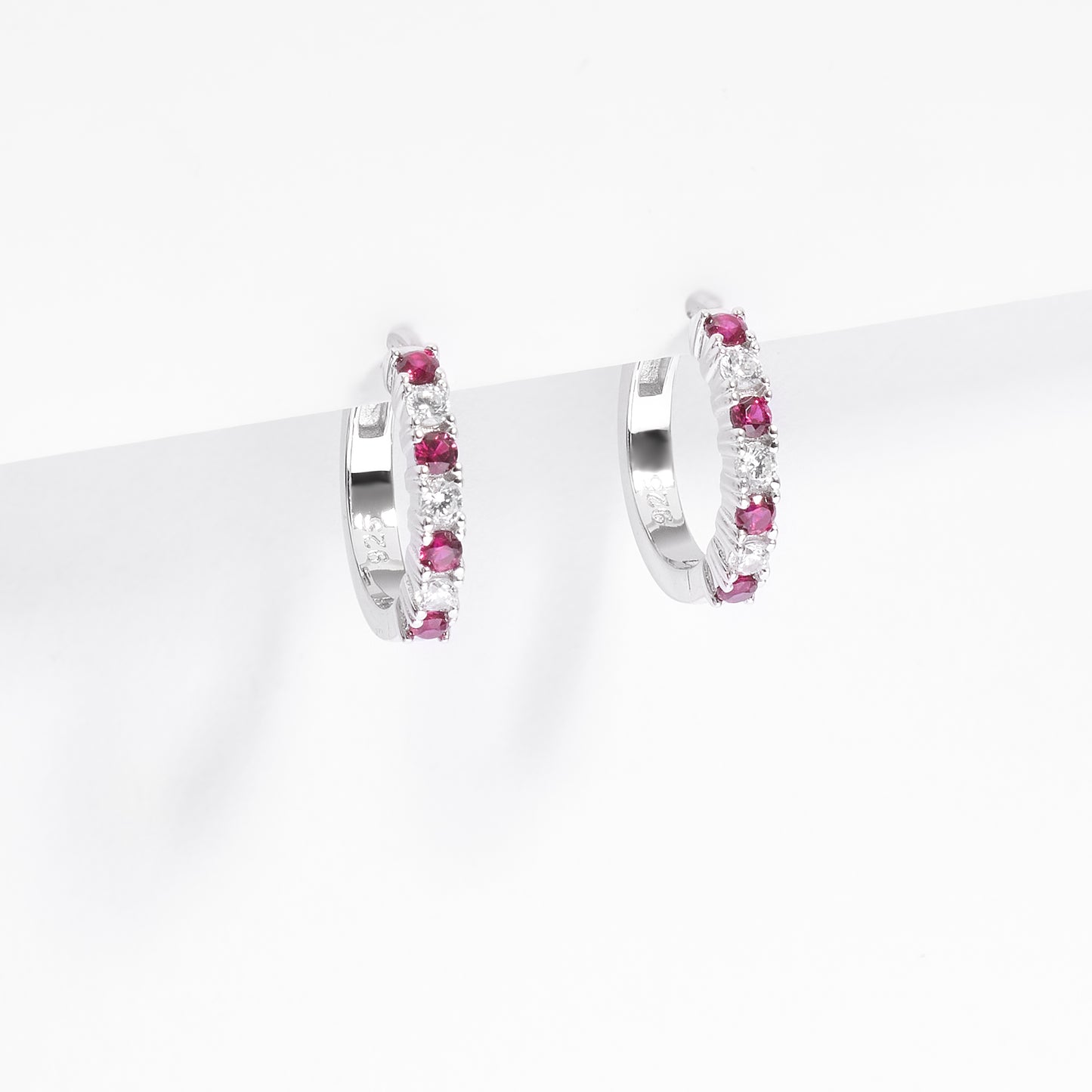 Sterling Silver Red And White Zirconia Huggie Earrings
