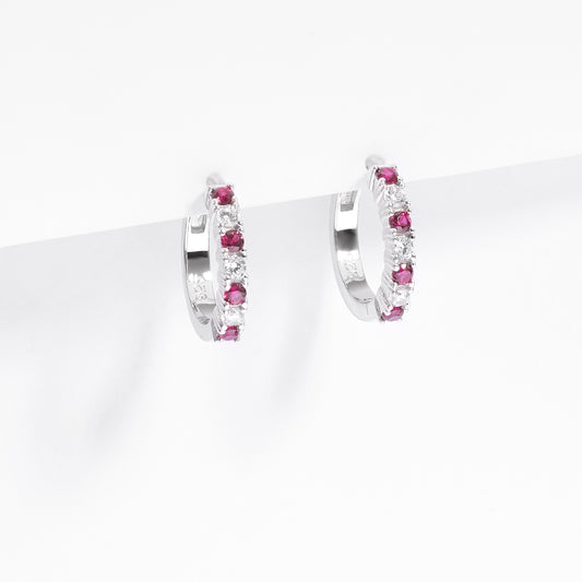 Sterling Silver Red And White Zirconia Huggie Earrings