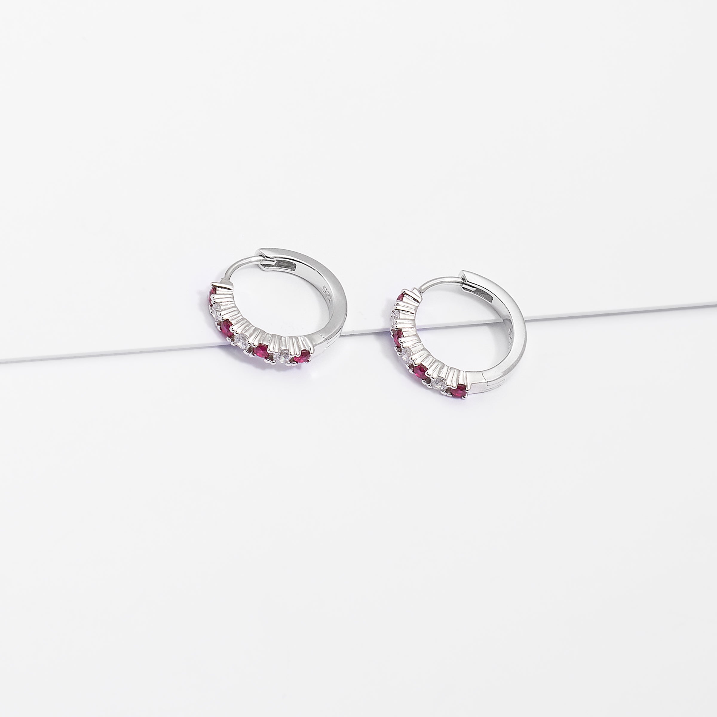 Sterling Silver Red And White Zirconia Huggie Earrings