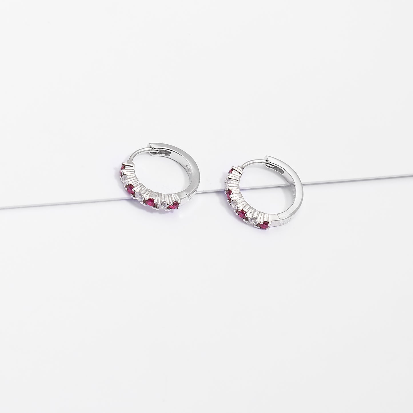 Sterling Silver Red And White Zirconia Huggie Earrings