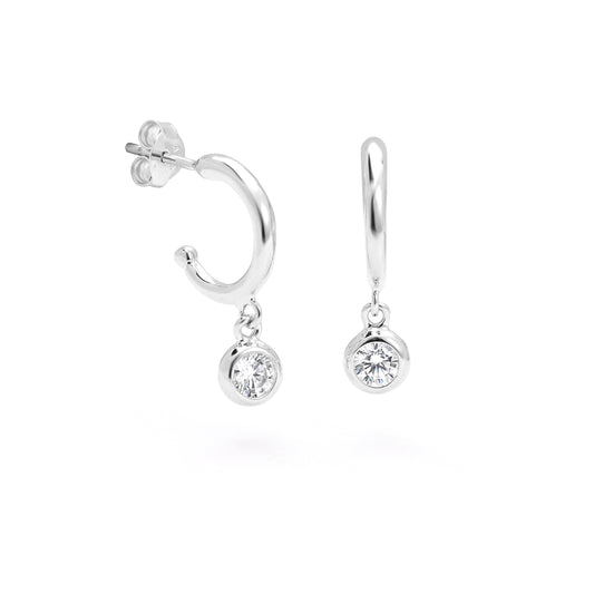 Sterling Silver Hoop Stud Post Earrings With Zirconia Bezel Drop 13mm