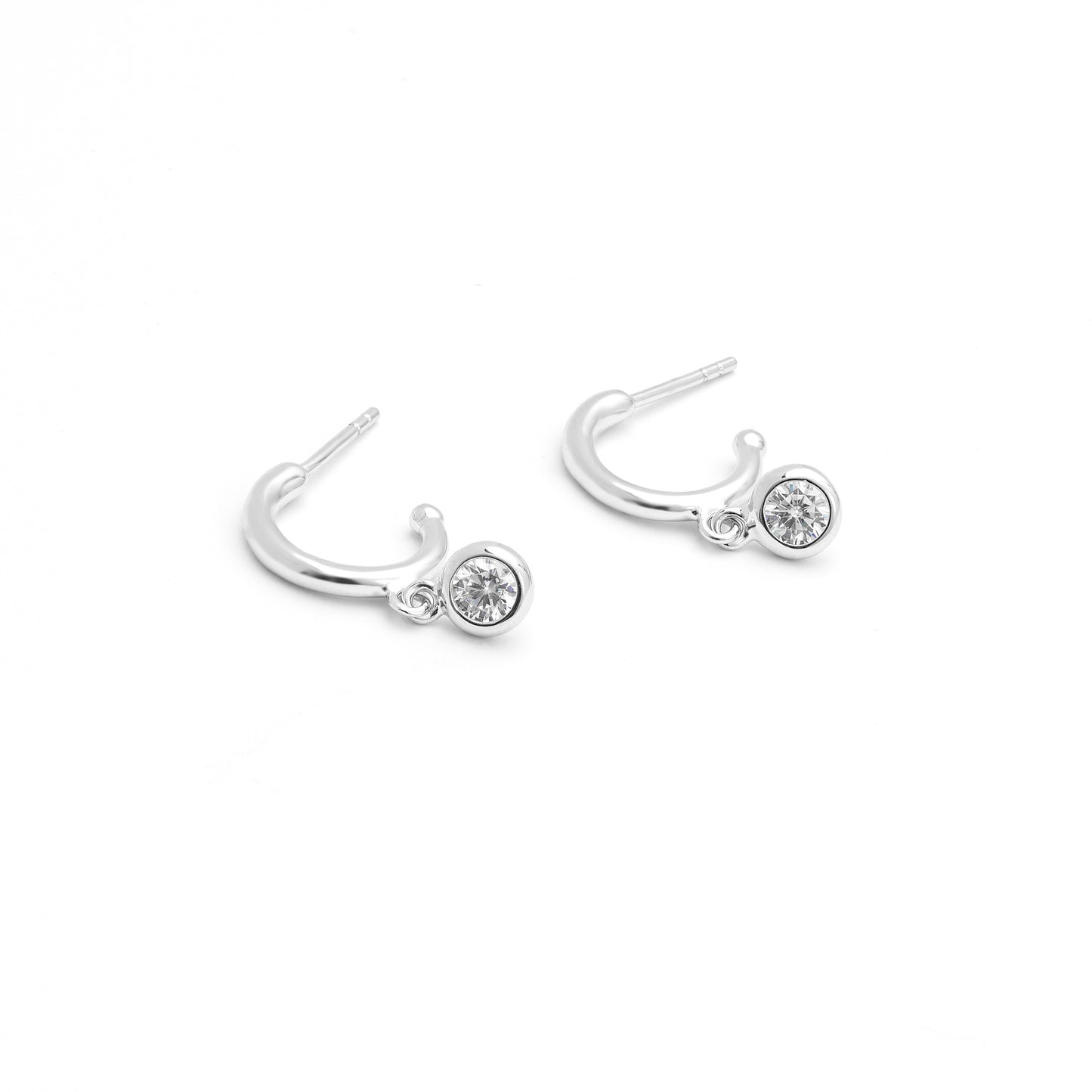 Sterling Silver Hoop Stud Post Earrings With Zirconia Bezel Drop 13mm