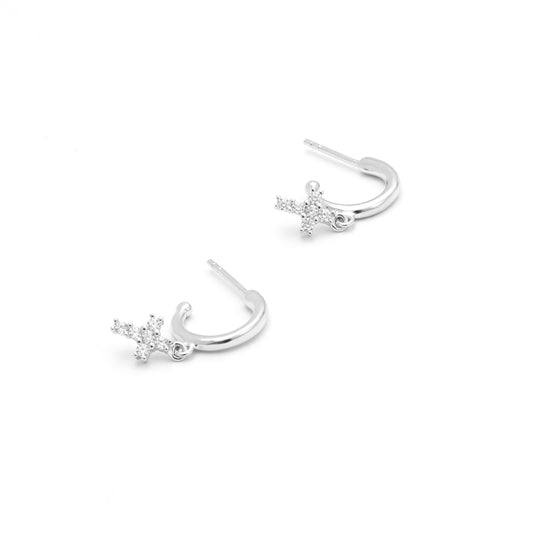Sterling Silver Half Hoop Earrings With Zirconia Cross Drop 13mm