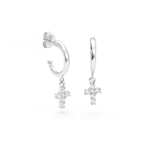 Sterling Silver Half Hoop Earrings With Zirconia Cross Drop 13mm