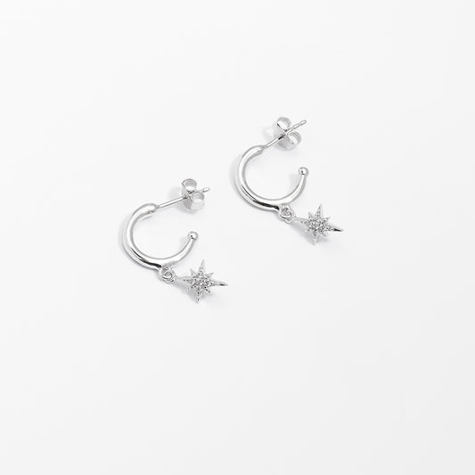 Sterling Silver Half Hoop Earrings With Zirconia Star Drop