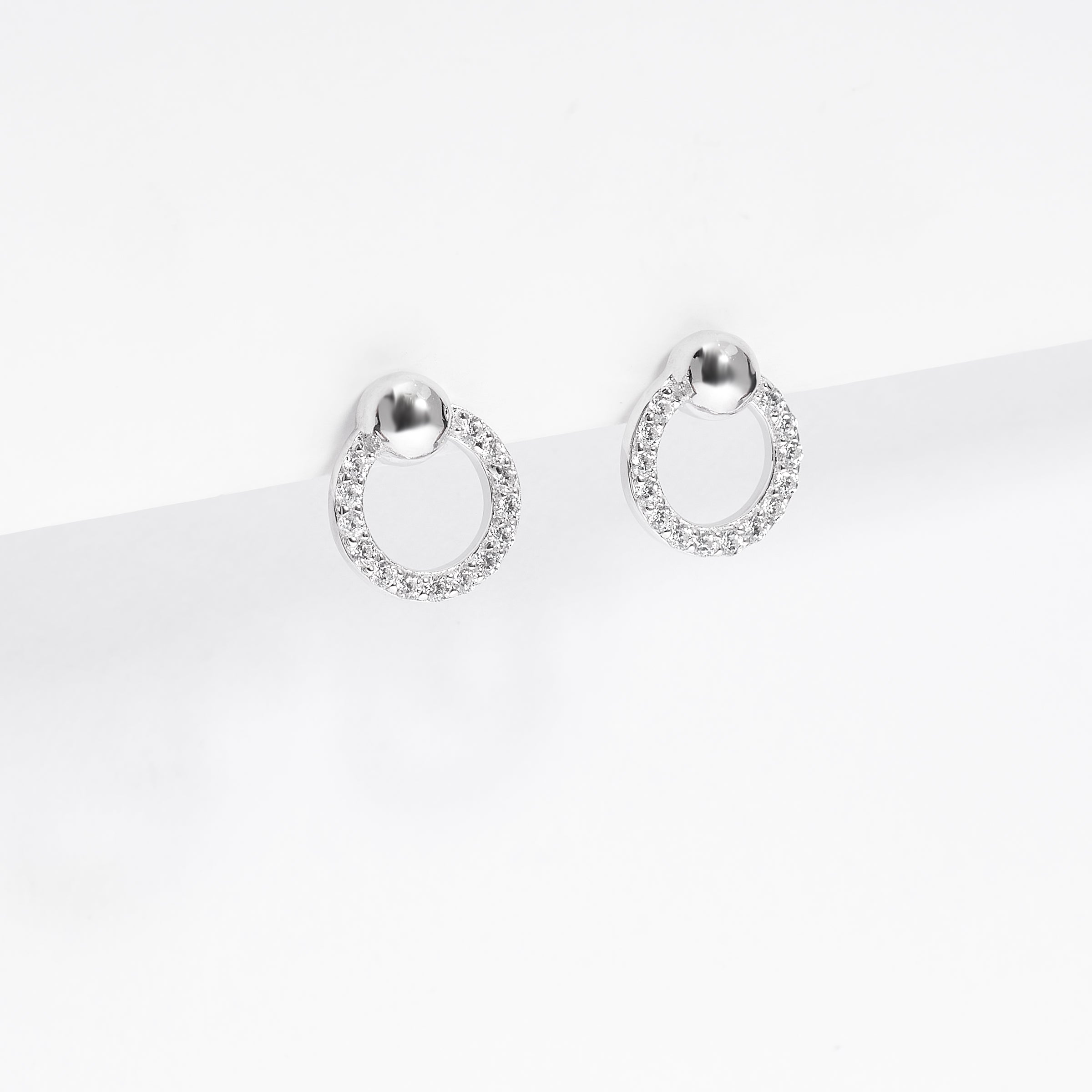 Sterling Silver Zirconia Open Circle Stud Earrings With Plain Ball