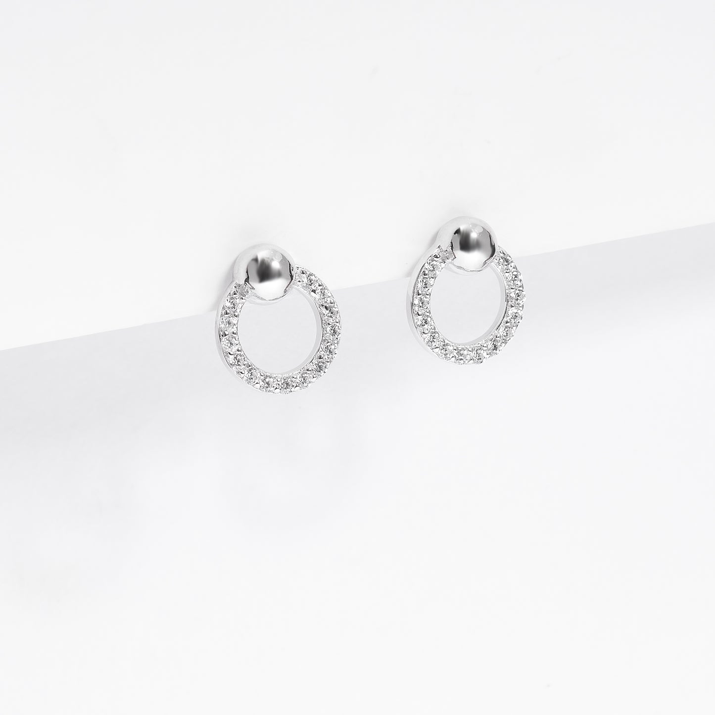 Sterling Silver Zirconia Open Circle Stud Earrings With Plain Ball