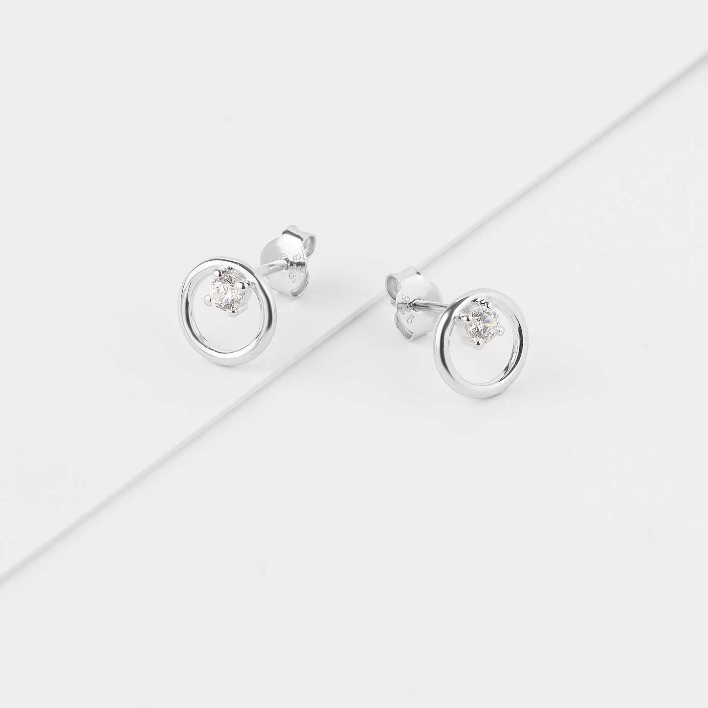 Sterling Silver Open Circle With Zirconia Stud Earrings 9mm