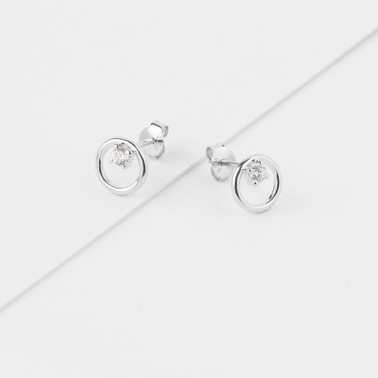 Sterling Silver Open Circle With Zirconia Stud Earrings 9mm