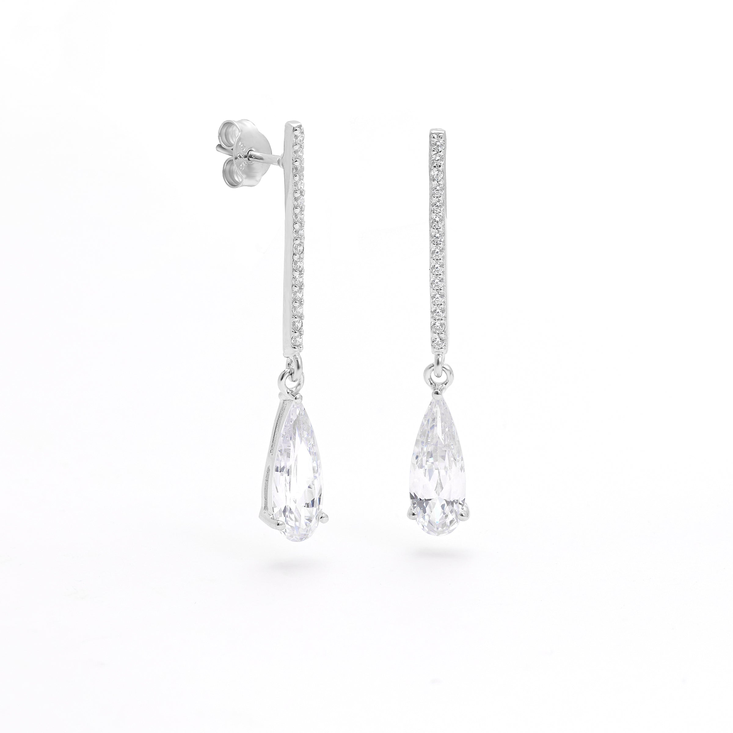 Sterling Silver Zirconia Long Bar With Pear Drop Stud Earrings 37mm