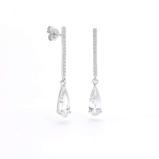 Sterling Silver Zirconia Long Bar With Pear Drop Stud Earrings 37mm