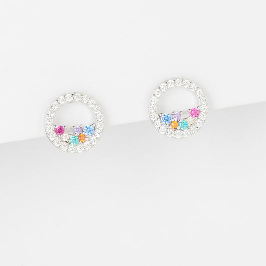 Sterling Silver Scattered Bright Coloured Zirconia Open Circle Stud Earrings 10mm