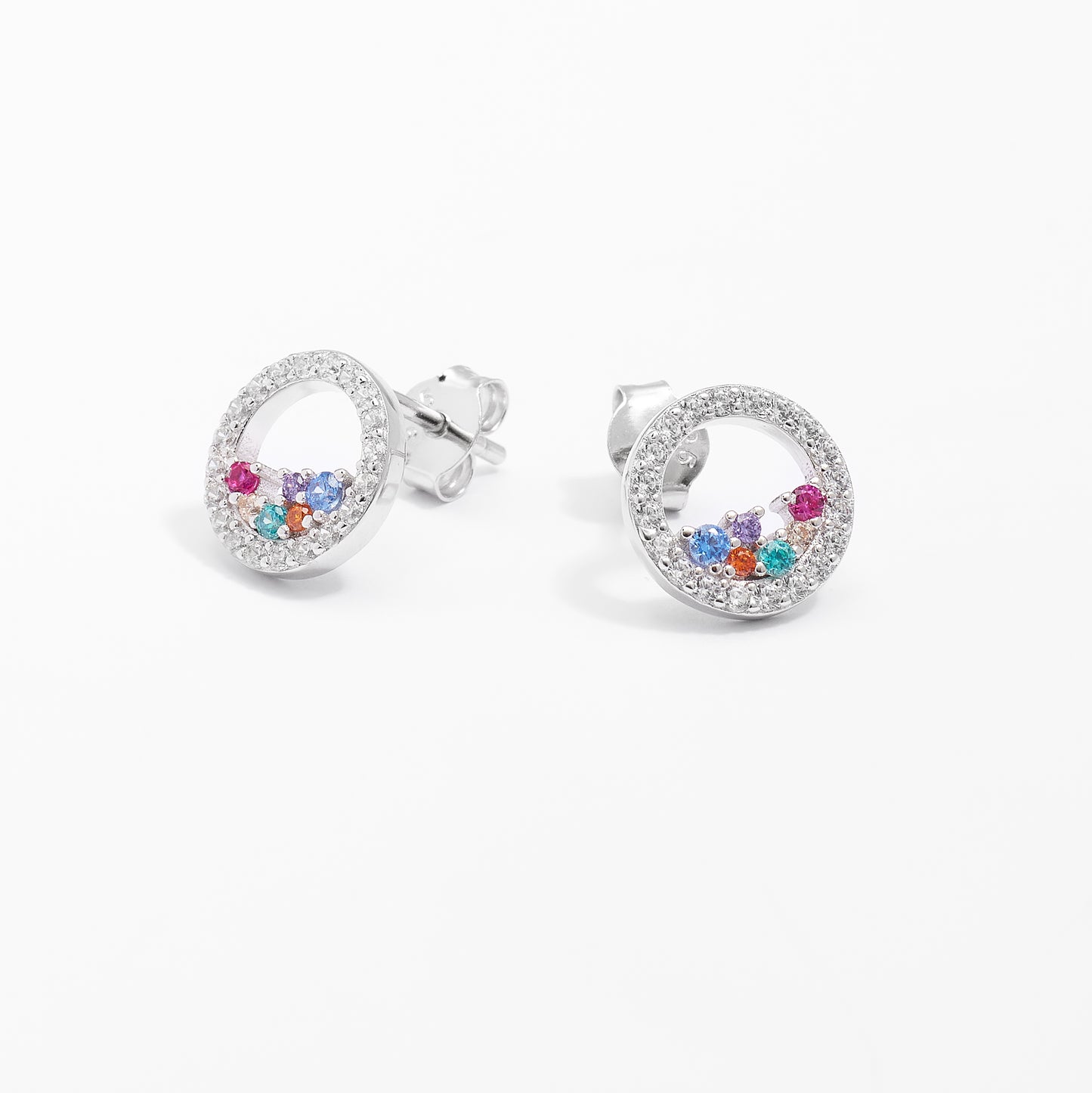 Sterling Silver Scattered Bright Coloured Zirconia Open Circle Stud Earrings 10mm