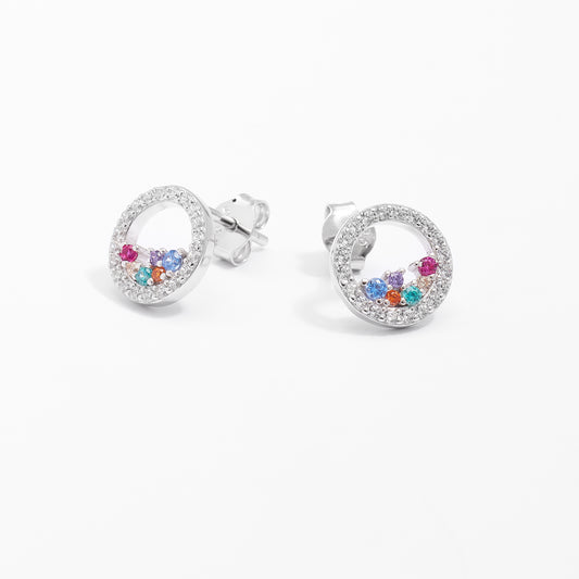 Sterling Silver Scattered Bright Coloured Zirconia Open Circle Stud Earrings 10mm