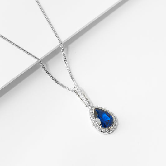 Sterling Silver Blue Pear Zirconia Halo Pendant