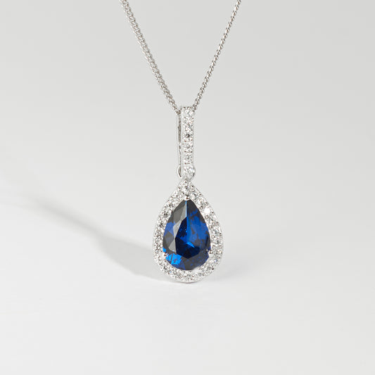 Sterling Silver Blue Pear Zirconia Halo Pendant