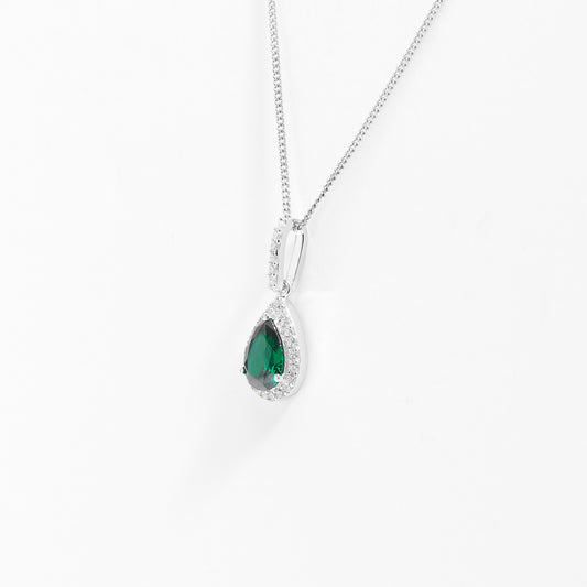 Sterling Silver Green Pear Zirconia Halo Pendant