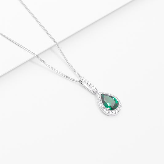 Sterling Silver Green Pear Zirconia Halo Pendant