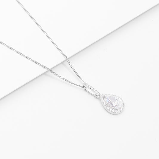 Sterling Silver Pear And Halo Zirconia Pendant