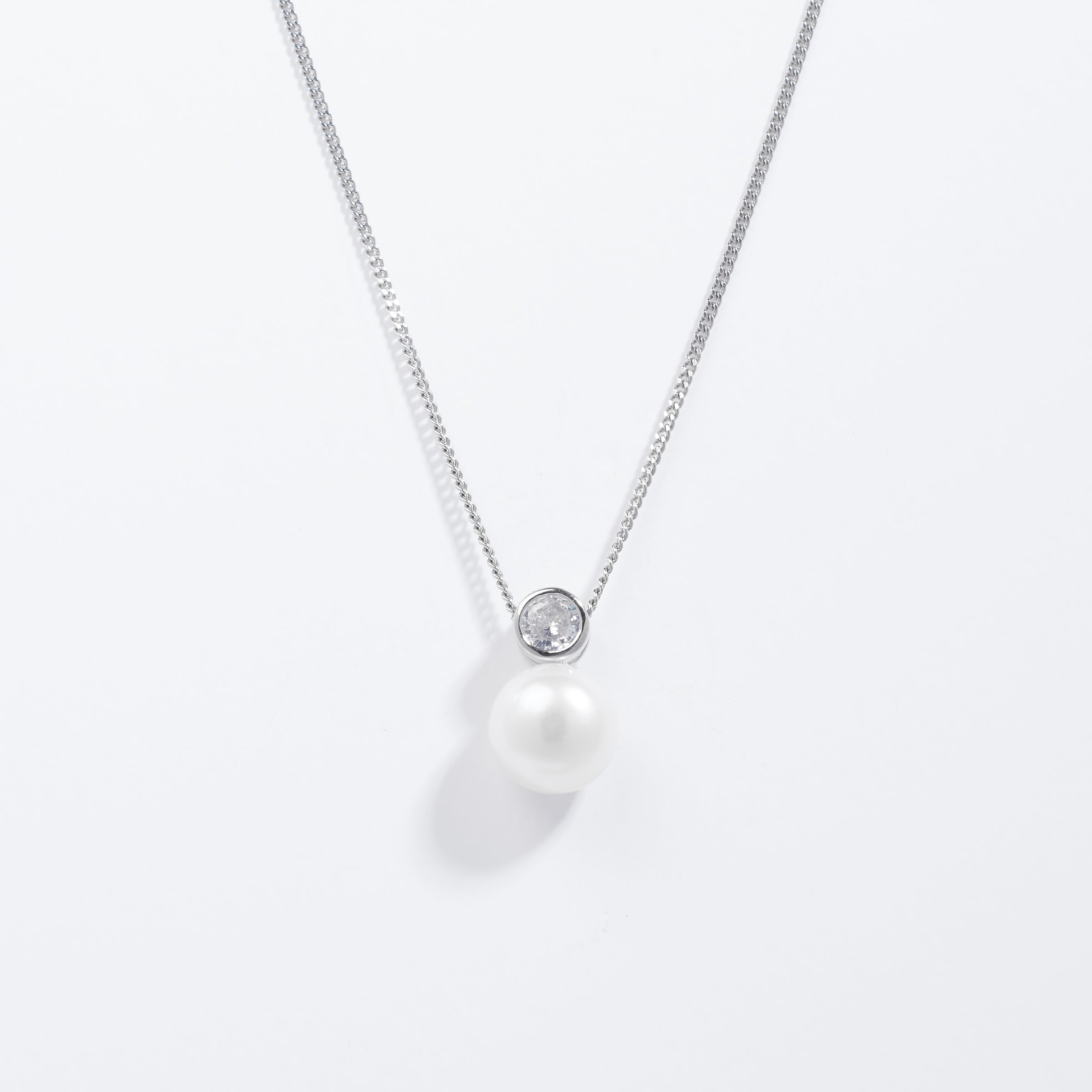 Sterling Silver Pearl With Bezel Zirconia Pendant And Chain
