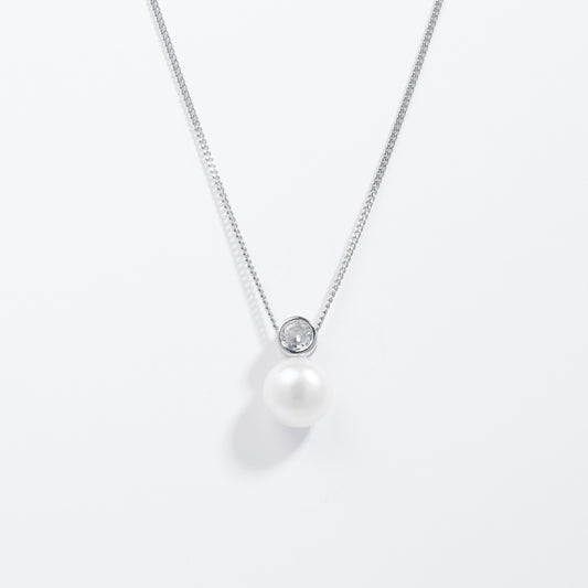 Sterling Silver Pearl With Bezel Zirconia Pendant And Chain