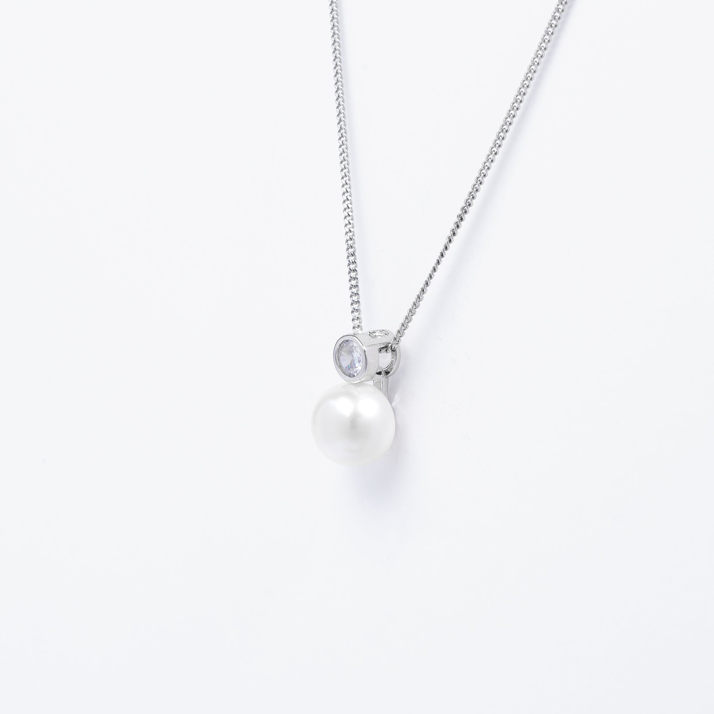 Sterling Silver Pearl With Bezel Zirconia Pendant And Chain