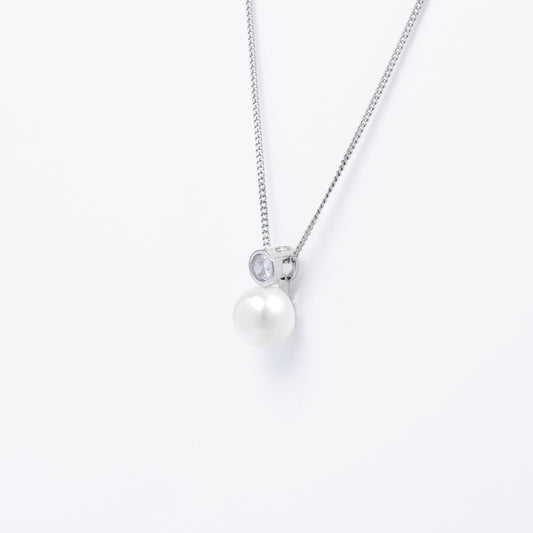Sterling Silver Pearl With Bezel Zirconia Pendant And Chain
