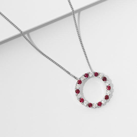 Sterling Silver Red And White Zirconia Circle Pendant