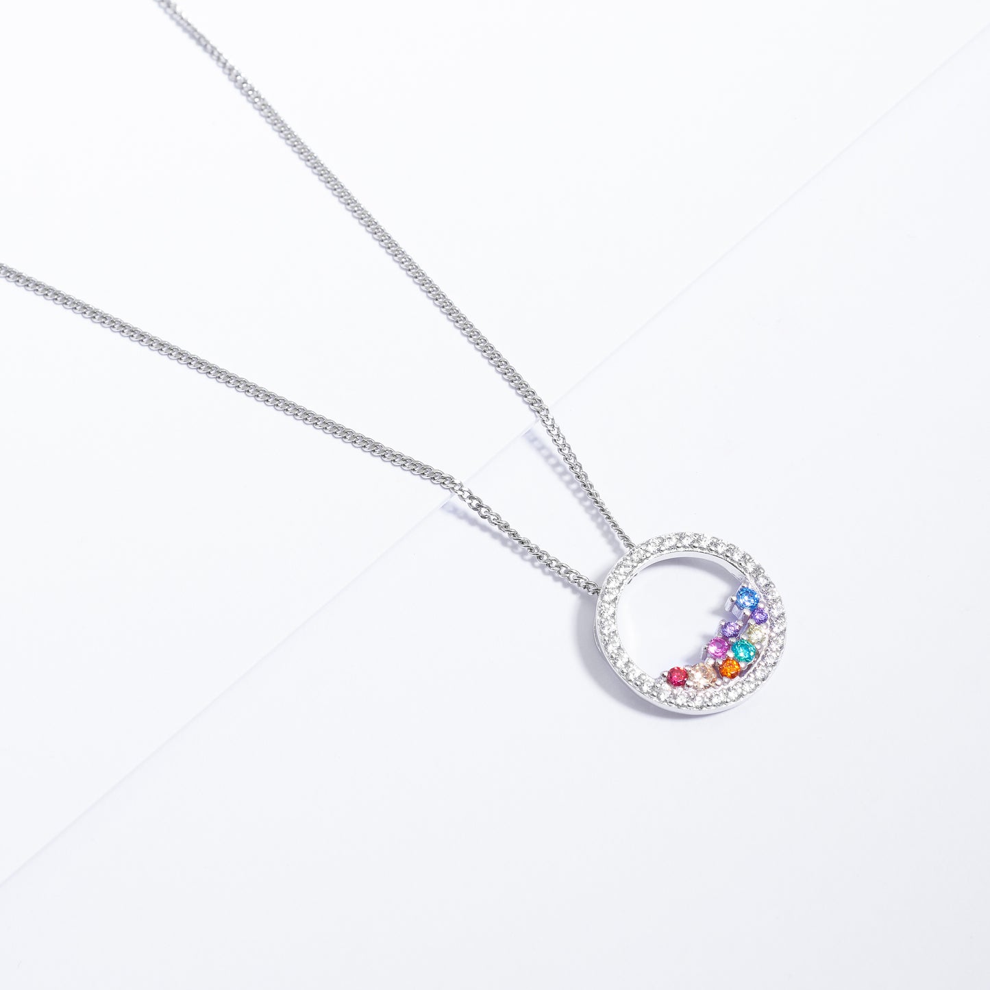 Sterling Silver Scattered Bright Coloured Zirconia Open Circle Pendant