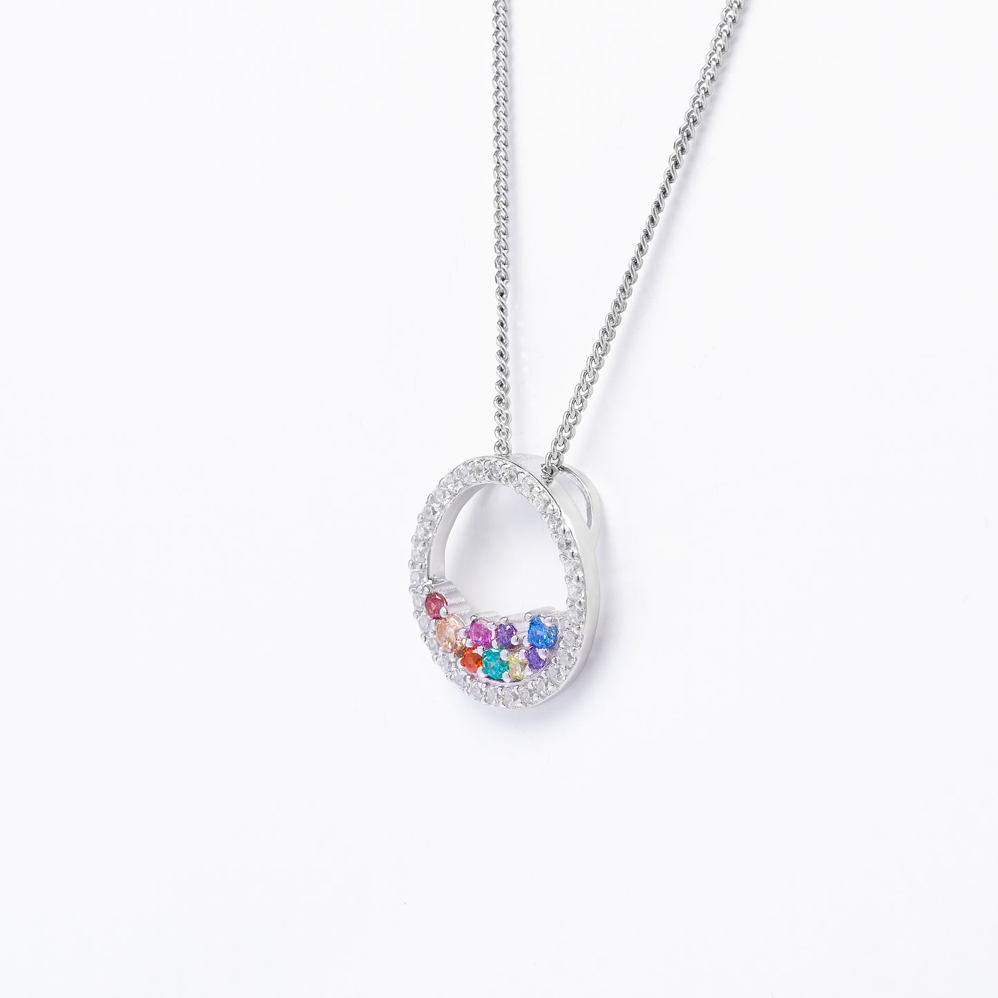 Sterling Silver Scattered Bright Coloured Zirconia Open Circle Pendant